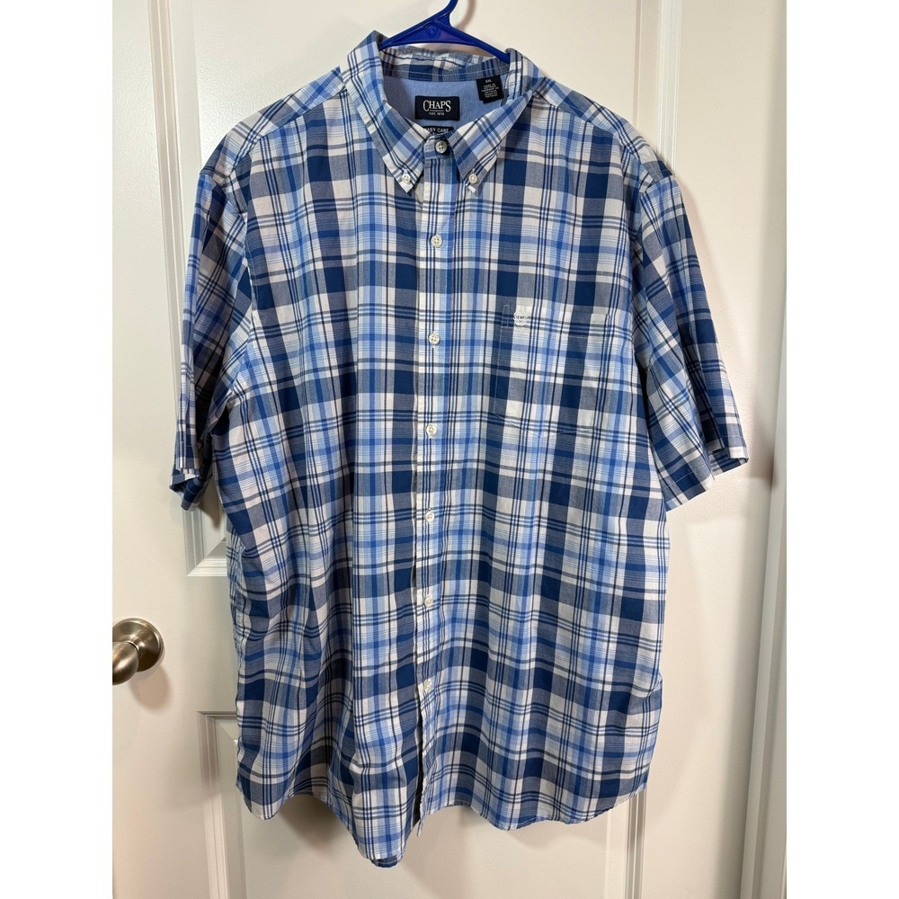 Chaps Mens XXL Blue White Plaid Short Sleeve Easy Care Button Down Shirt 1667638